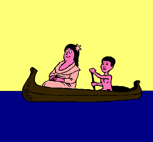 Madre e hijo en canoa