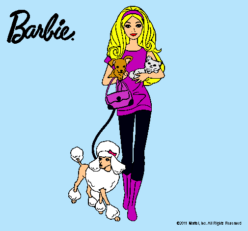 Dibujo Barbie con sus mascotas pintado por  Periitha