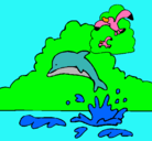 Dibujo Delfín y gaviota pintado por naturaleza