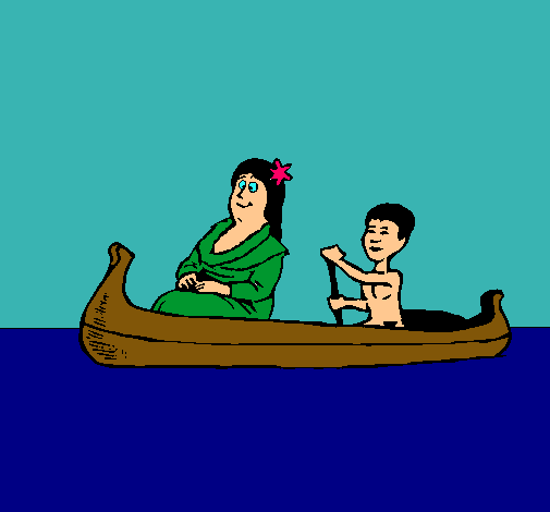 Madre e hijo en canoa