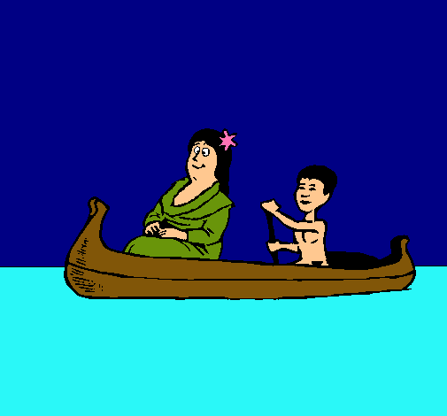 Madre e hijo en canoa