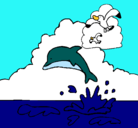 Dibujo Delfín y gaviota pintado por brocha 