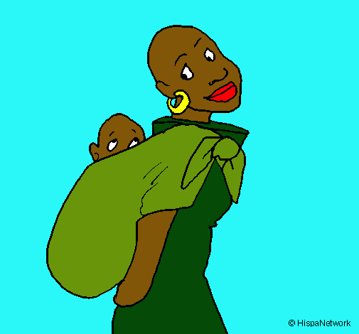 Dibujo Africana con pañuelo portabebé pintado por momita