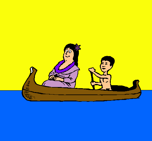 Madre e hijo en canoa