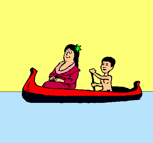 Madre e hijo en canoa