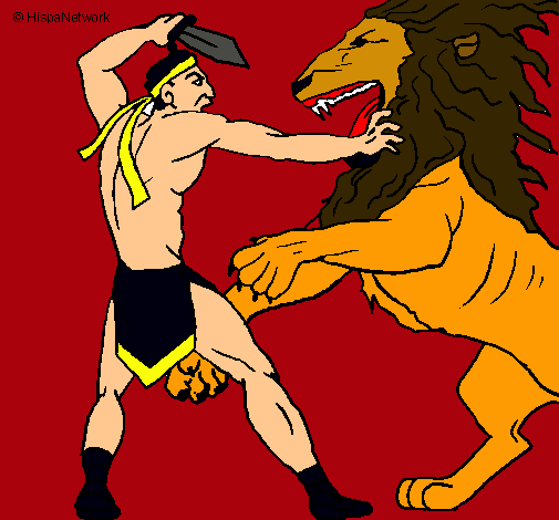 Dibujo Gladiador contra león pintado por brya