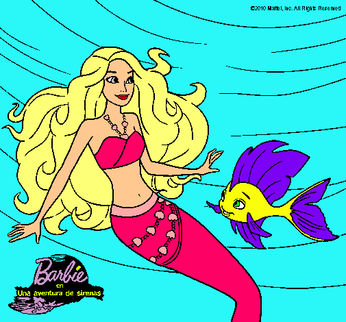 Dibujo Barbie sirena con su amiga pez pintado por Thiiaree