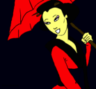 Dibujo Geisha con paraguas pintado por japonesa