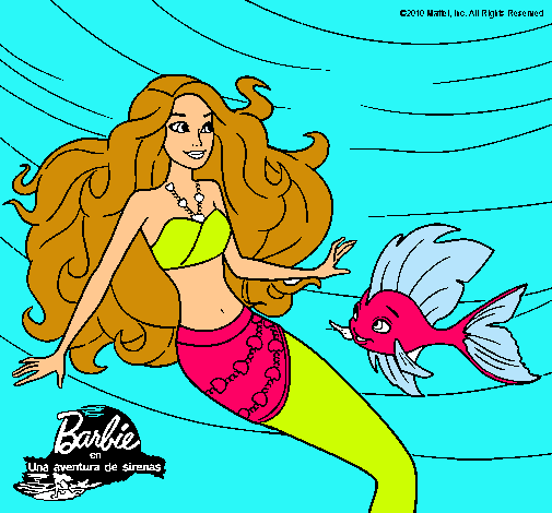 Dibujo Barbie sirena con su amiga pez pintado por milulita