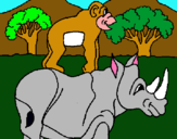 Dibujo Rinoceronte y mono pintado por rino