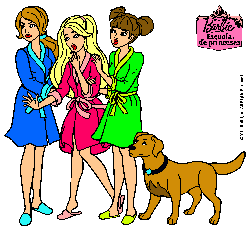 Dibujo Barbie y sus amigas en bata pintado por Rosanita