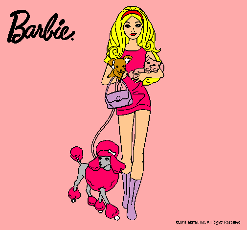 Dibujo Barbie con sus mascotas pintado por chelita111097
