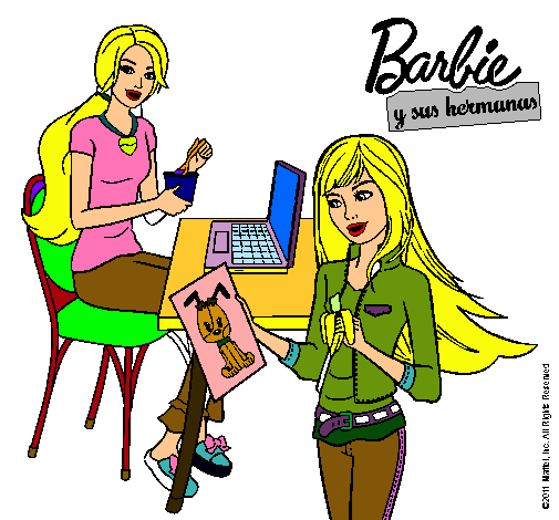 Dibujo de Barbie y su hermana merendando pintado por Gabuch en Dibujos net el día a las