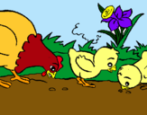 Dibujo Gallina y pollitos pintado por pollitos