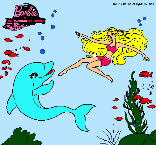 Dibujo Barbie jugando con un delfín pintado por lala49