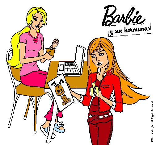 Dibujo Barbie y su hermana merendando pintado por rosazc