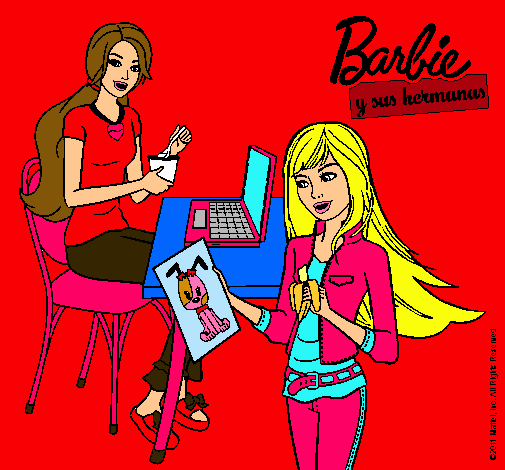 Dibujo Barbie y su hermana merendando pintado por esrefy