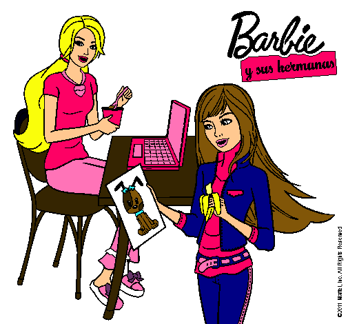 Dibujo de Barbie y su hermana merendando pintado por Fabiola en Dibujos net el día a