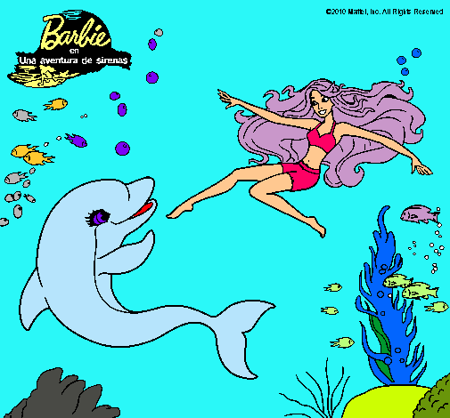 Barbie jugando con un delfín