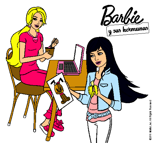 Dibujo de Barbie y su hermana merendando pintado por Yilmar en Dibujos net el día a las