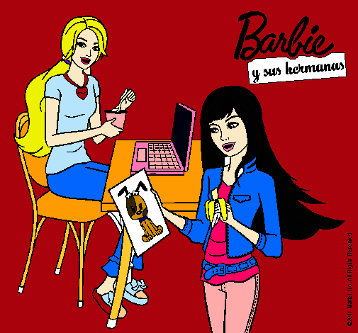 Dibujo Barbie y su hermana merendando pintado por vlentinita