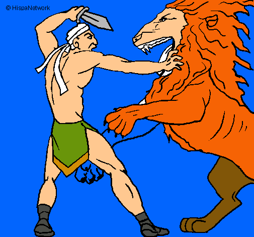 Dibujo Gladiador contra león pintado por Puchito