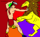 Dibujo Gladiador contra león pintado por cera