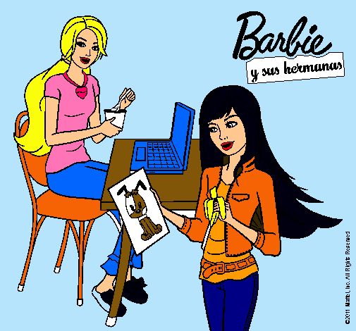 Dibujo de Barbie y su hermana merendando pintado por Jfkohoof en Dibujos net el día a