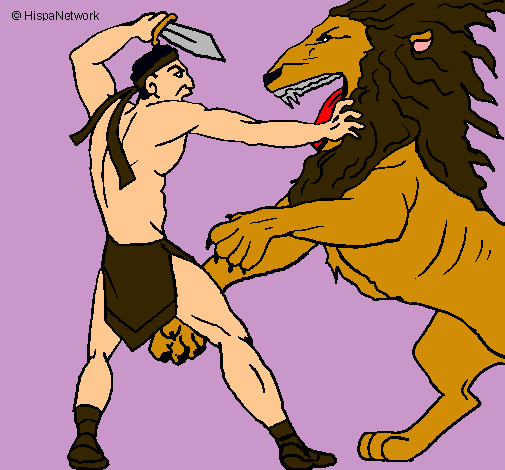 Dibujo Gladiador contra león pintado por dominique1