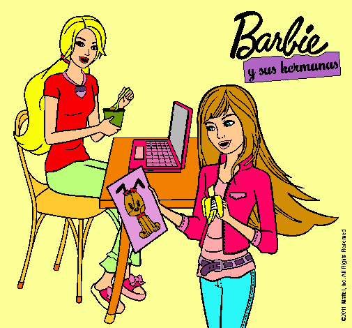 Dibujo Barbie y su hermana merendando pintado por Loren