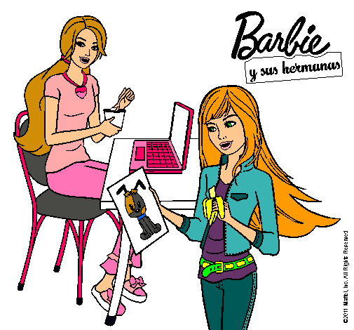 Dibujo Barbie y su hermana merendando pintado por Maria-pm