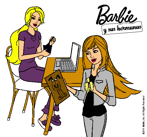 Dibujo Barbie y su hermana merendando pintado por ernesotto