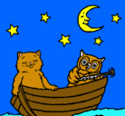 Dibujo Gato y búho pintado por noche
