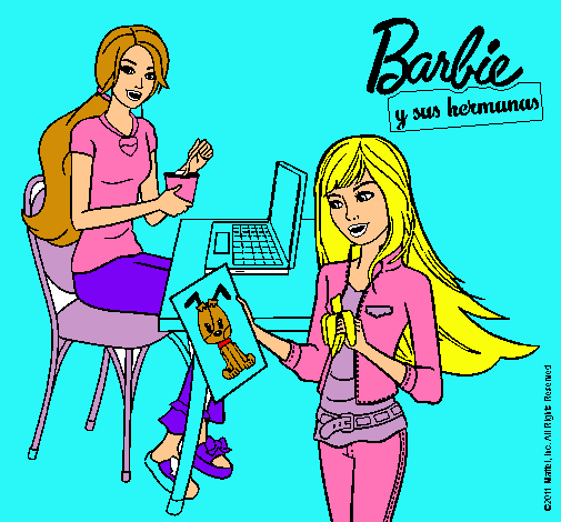 Dibujo Barbie y su hermana merendando pintado por adrrea