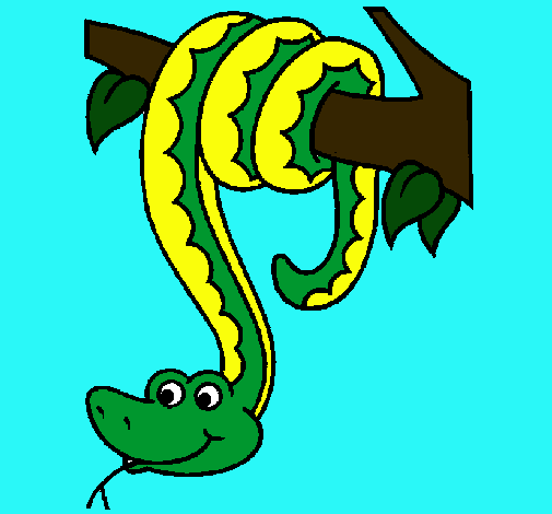 Serpiente colgada de un árbol