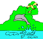 Dibujo Delfín y gaviota pintado por pastel
