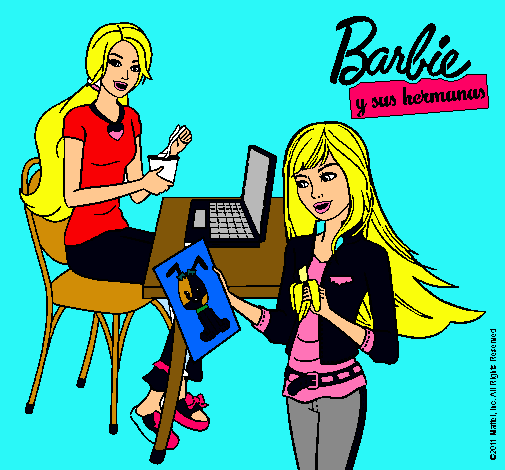 Dibujo Barbie y su hermana merendando pintado por nahichu