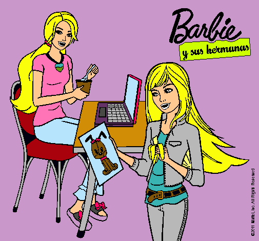 Dibujo Barbie y su hermana merendando pintado por lara2002