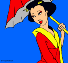 Dibujo Geisha con paraguas pintado por Djunda