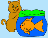 Dibujo Gato y pez pintado por cachorra