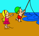 Dibujo Amigos pescando pintado por playa