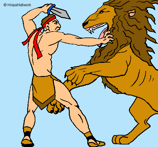 Dibujo Gladiador contra león pintado por bianque
