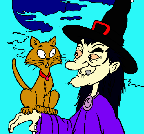 Dibujo Bruja y gato pintado por amey