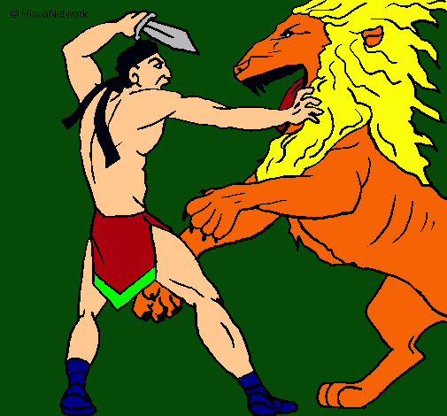 Dibujo Gladiador contra león pintado por valentinf