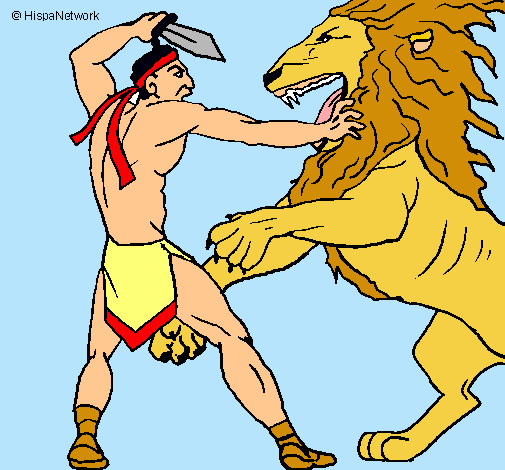Dibujo Gladiador contra león pintado por dogui