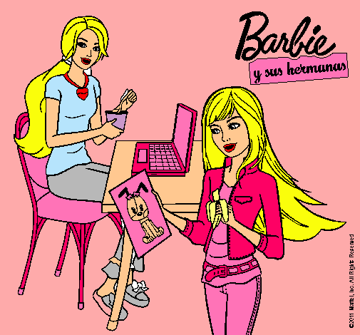 Dibujo Barbie y su hermana merendando pintado por Lauriit