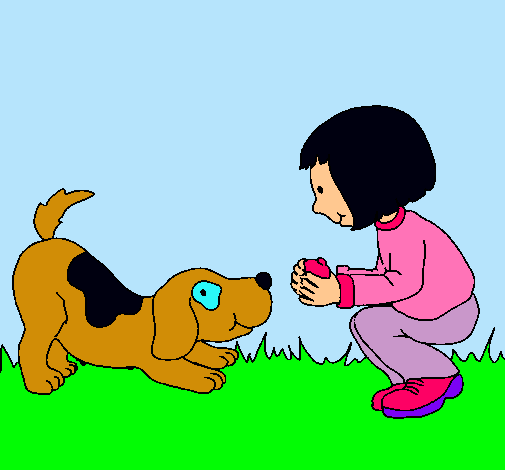 Niña y perro jugando