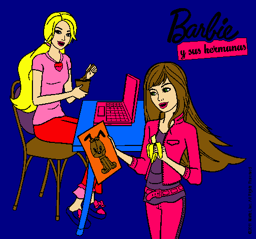 Dibujo Barbie y su hermana merendando pintado por azulito