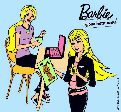 Dibujo Barbie y su hermana merendando pintado por aslin