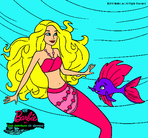 Dibujo Barbie sirena con su amiga pez pintado por Helga